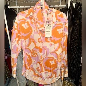 Zara 70s Inspired Long Sleeve Button Up Top